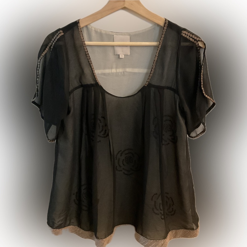 Saivana for Anthropologie- Black & Cream- SS Embellished Blouse. Women’s XS
